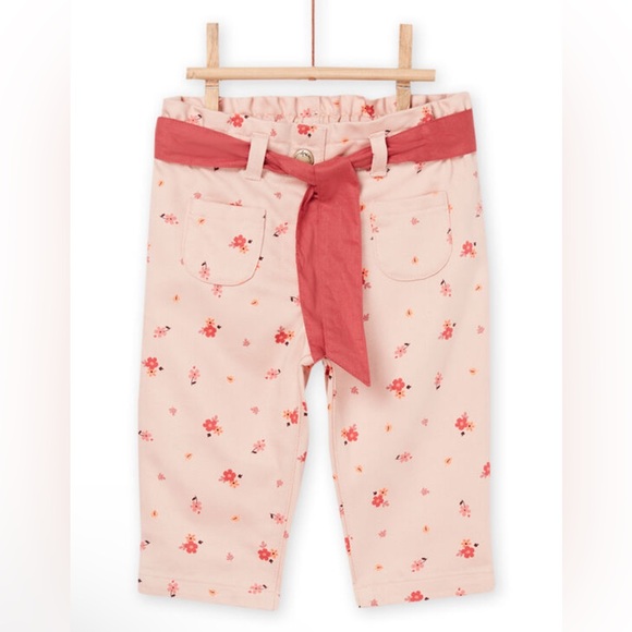 NEW NWT Du Pareil Baby Girls Coral Pink Floral Print Belted Pants Size 3M Bottom - Picture 1 of 8